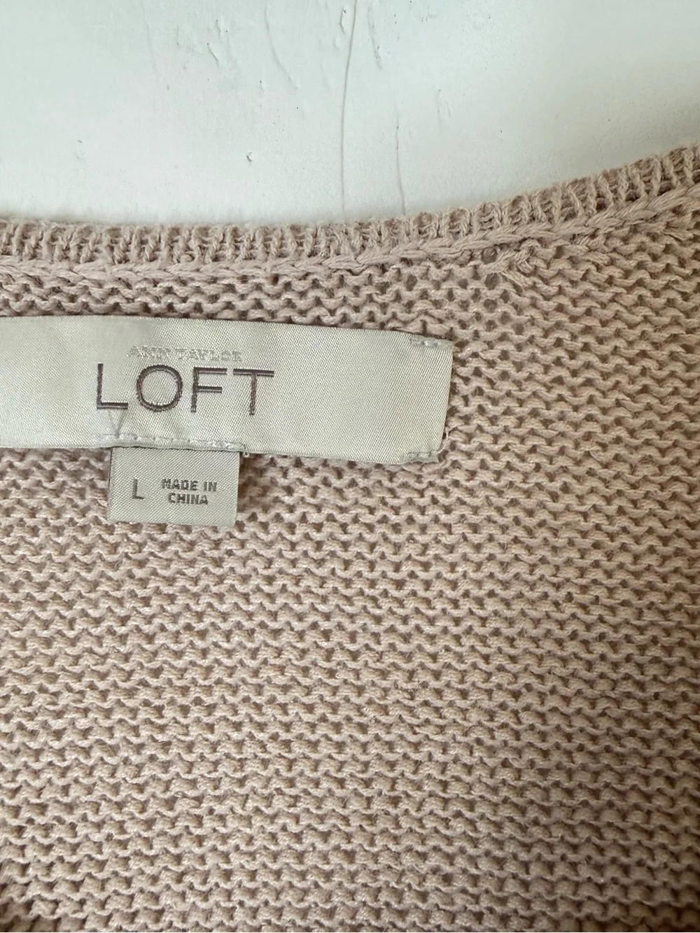 LOFT Tan Neutral Lace Up V-Neck Knit Sweater Large Ramie Cotton Blend Coastal